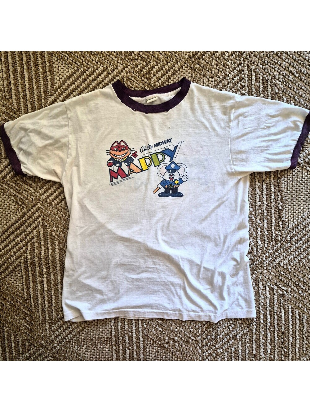 VINTAGE 1983 Mappy Arcade Promo Ringer Tee Double Sided Ballyâs Ched Anvil M L